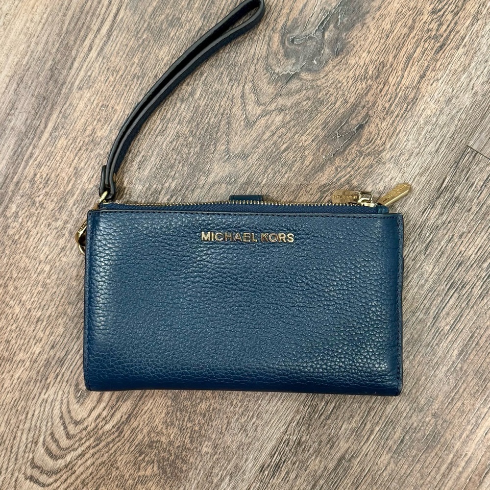 Michael Kors Double-Zip Gold-Tone Dark Blue Wristlet